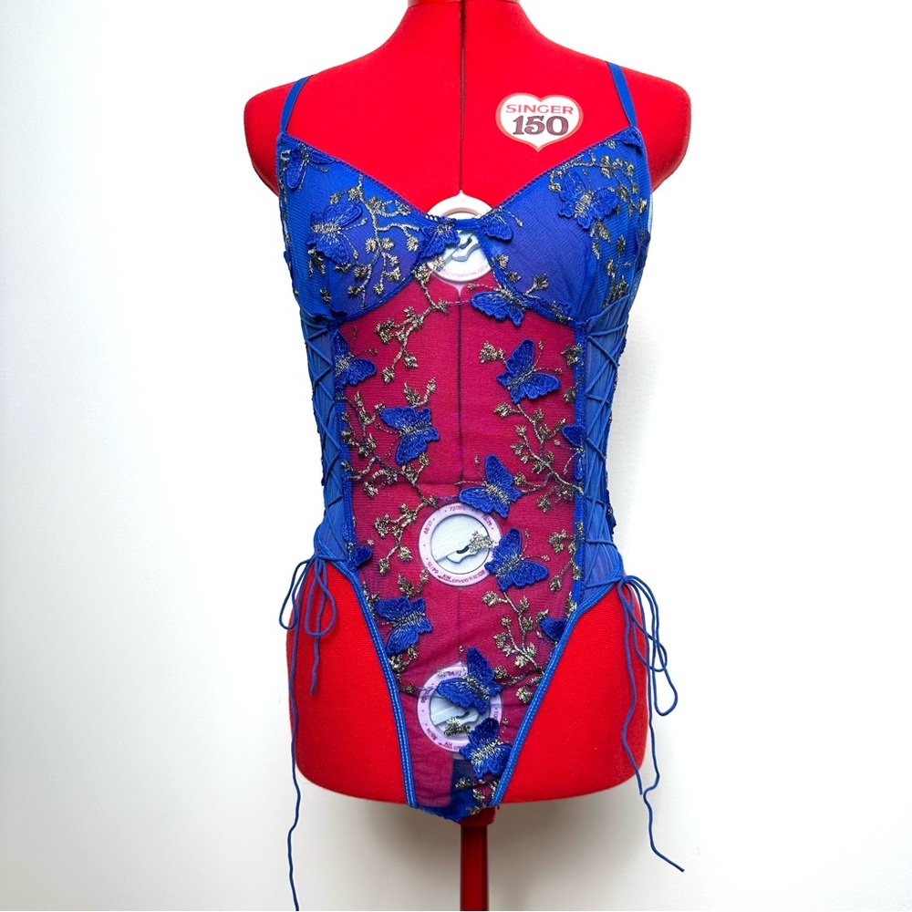 Fairycore Cobalt Blue Sheer Butterfly Embroidered Lace Up Whimsigoth Bodysuit